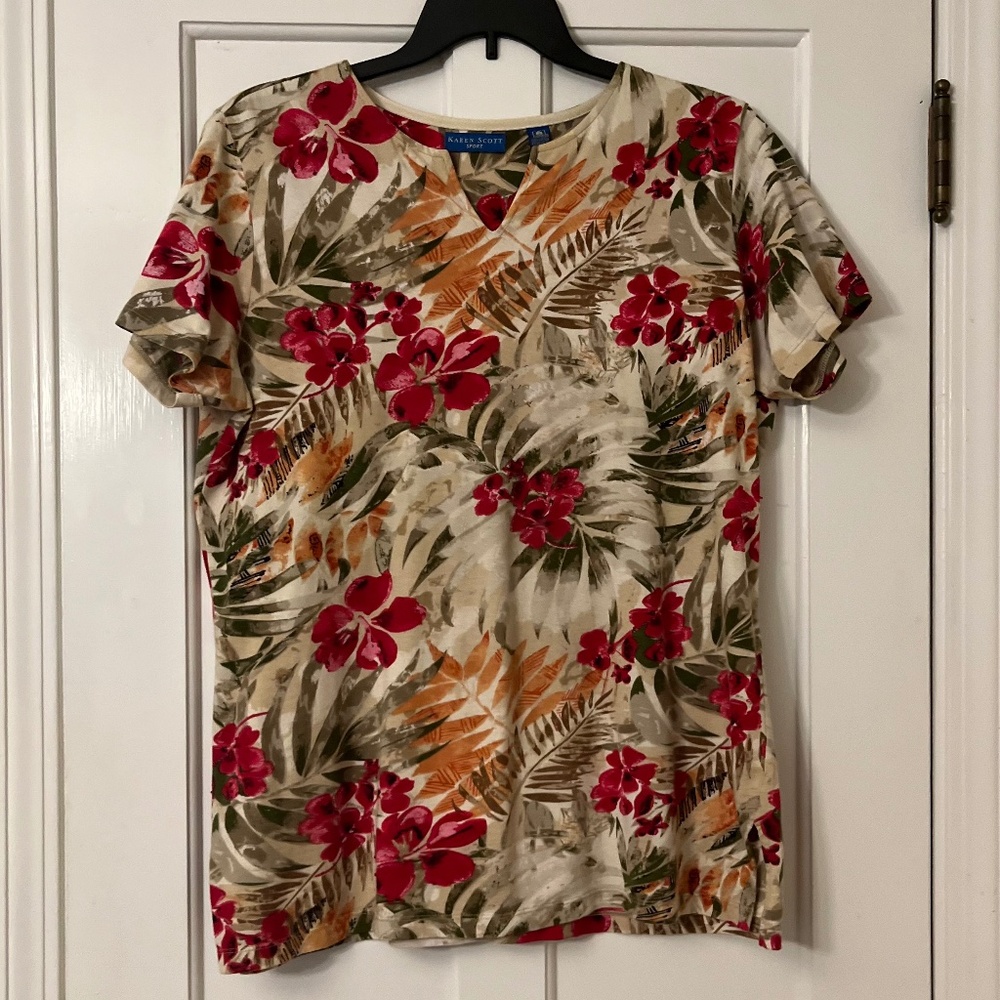 Women's XL Top Tan Burgandy 30” Long Bead Embellished NWOT Karen Scott